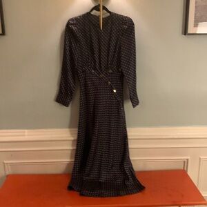 Navy silk Sandro dress with gold button detailing